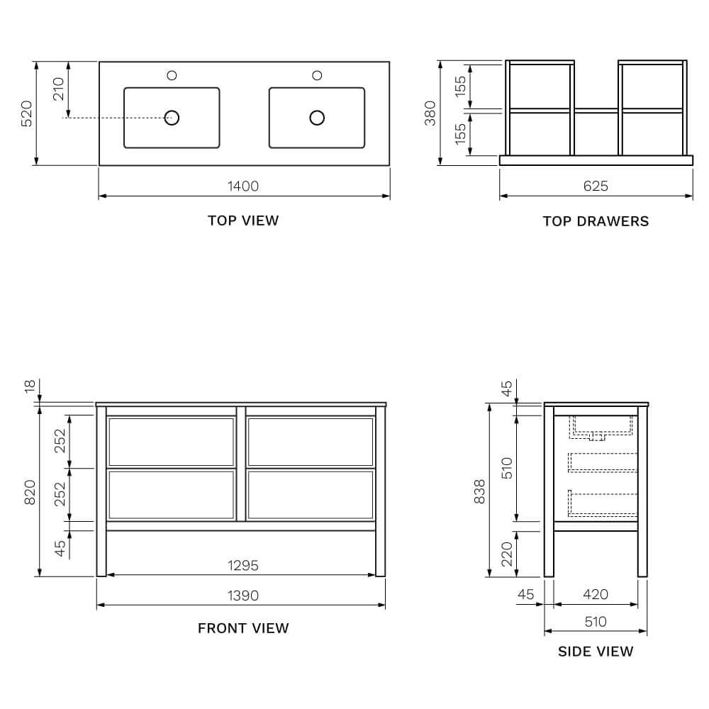 Arrivo 1400 Floor Cabinet with Double Marble Top - Vanity Cabinets