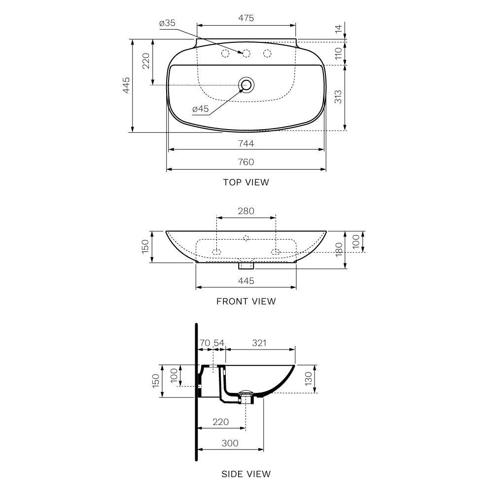 Nudaslim 75 Wall Basin with Tap Landing - Basins