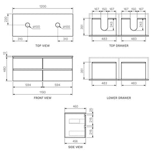 Evo + MyTop 1200 Wall Cabinet Sand Plus with Porcelain Top for Double Bowls