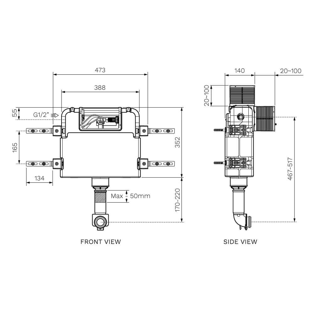 Front/Top Flush Concealed Cistern with Adjustable Flush Pipe - Toilets