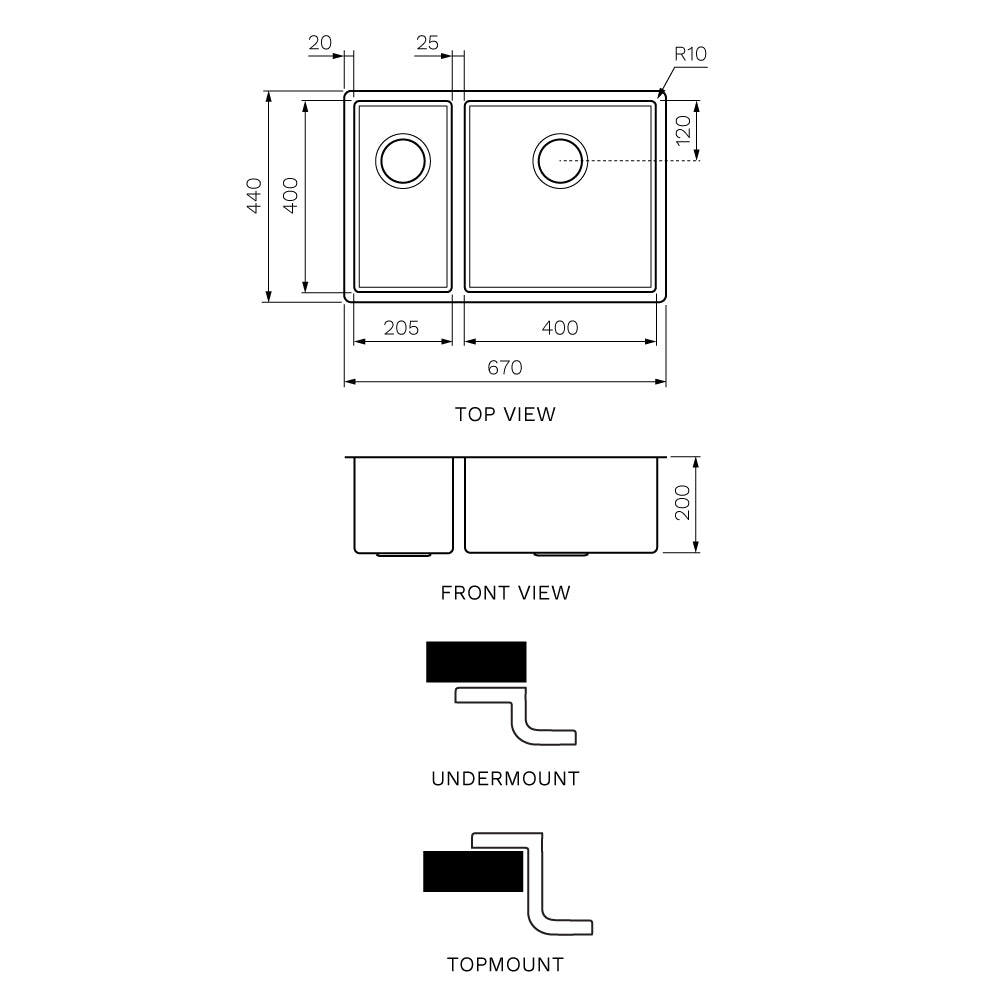 Quadro One and One Half Bowl Sink 670mm (Right Hand) - Sink