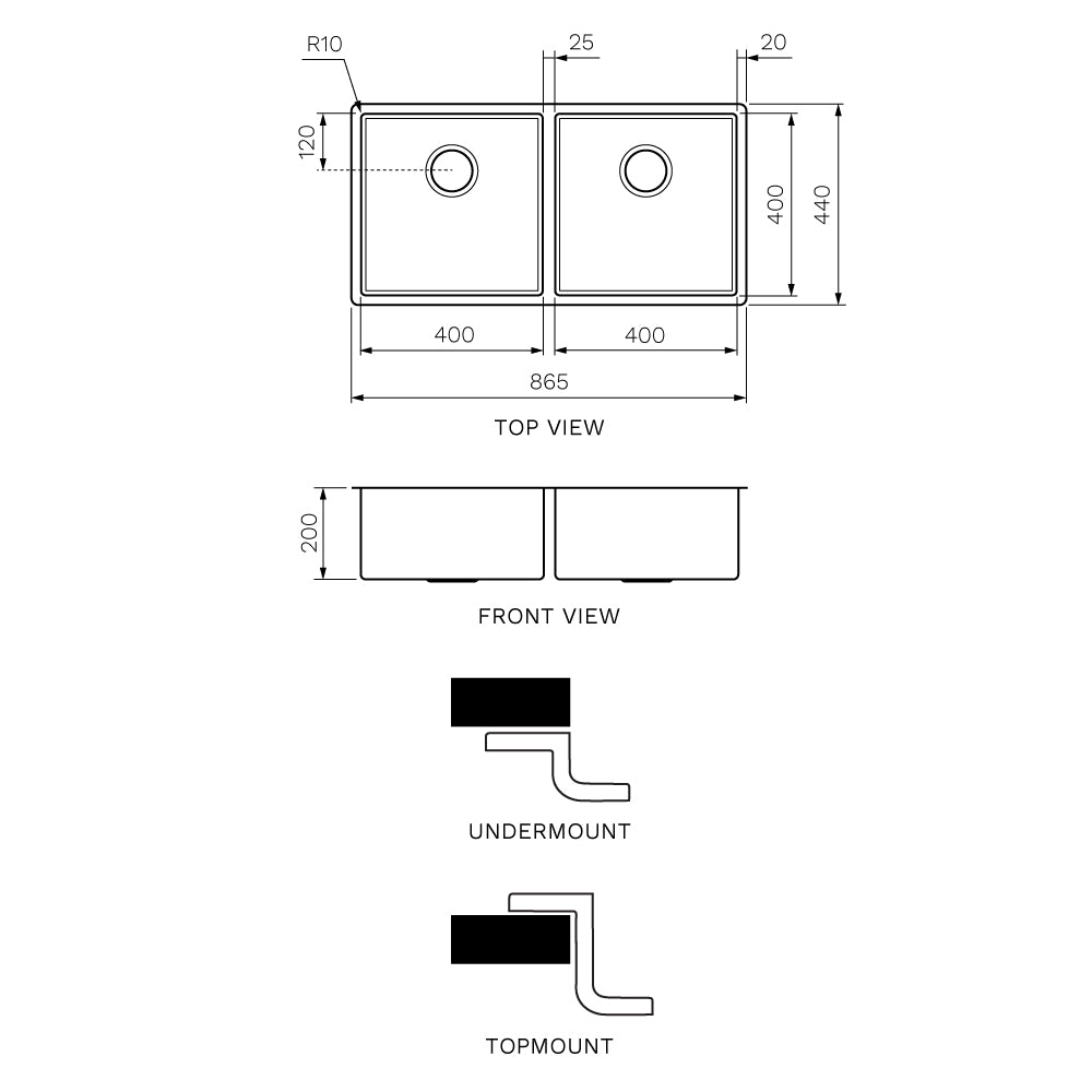 Quadro Double Bowl Sink 865mm - Sink