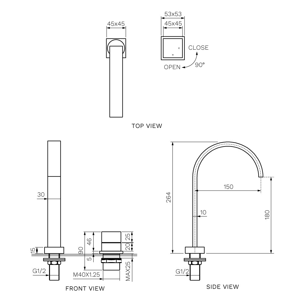 Quadro Hob Mixer with Curved Swivel Spout