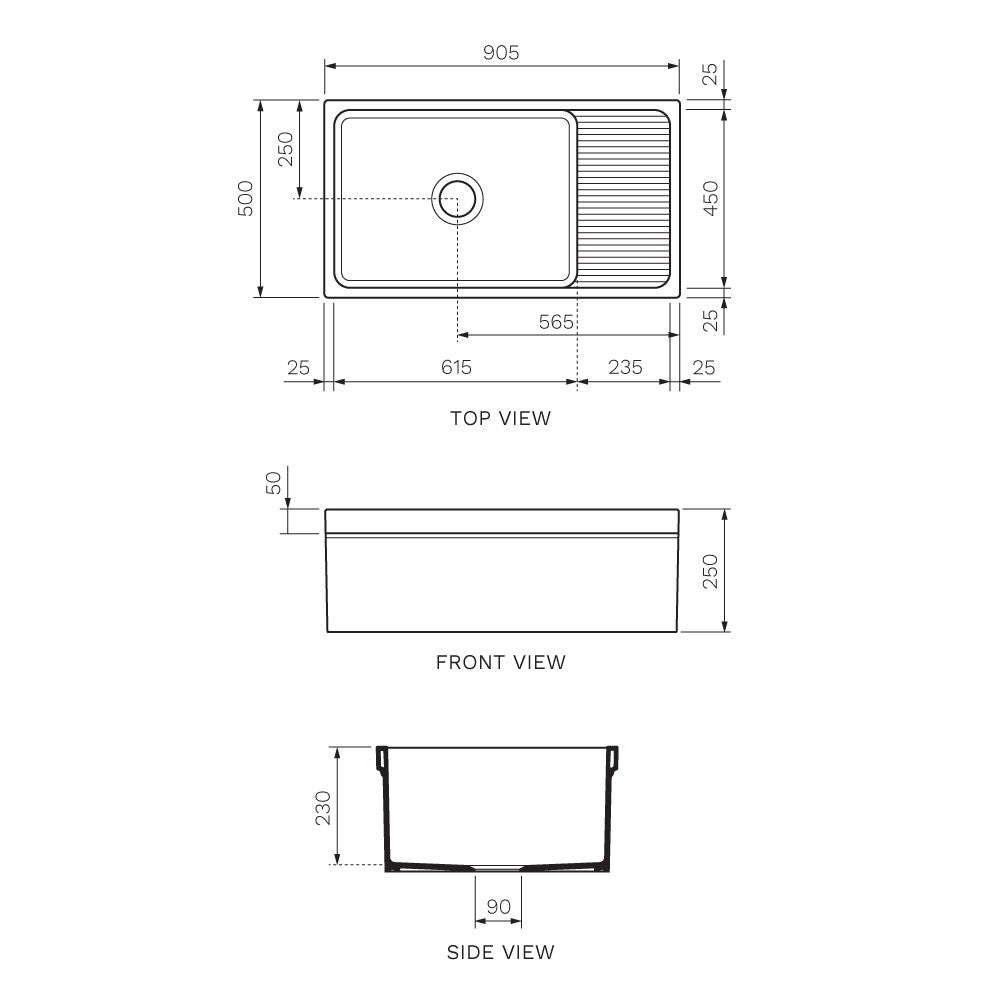 Veneto Single Bowl Sink 900mm with Drain Shelf