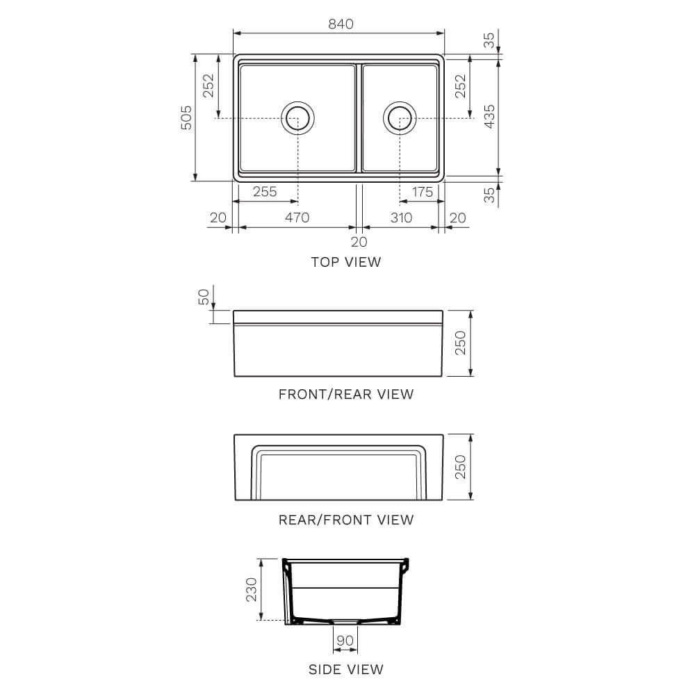 Cornice Double Bowl Sink 840mm - Sink