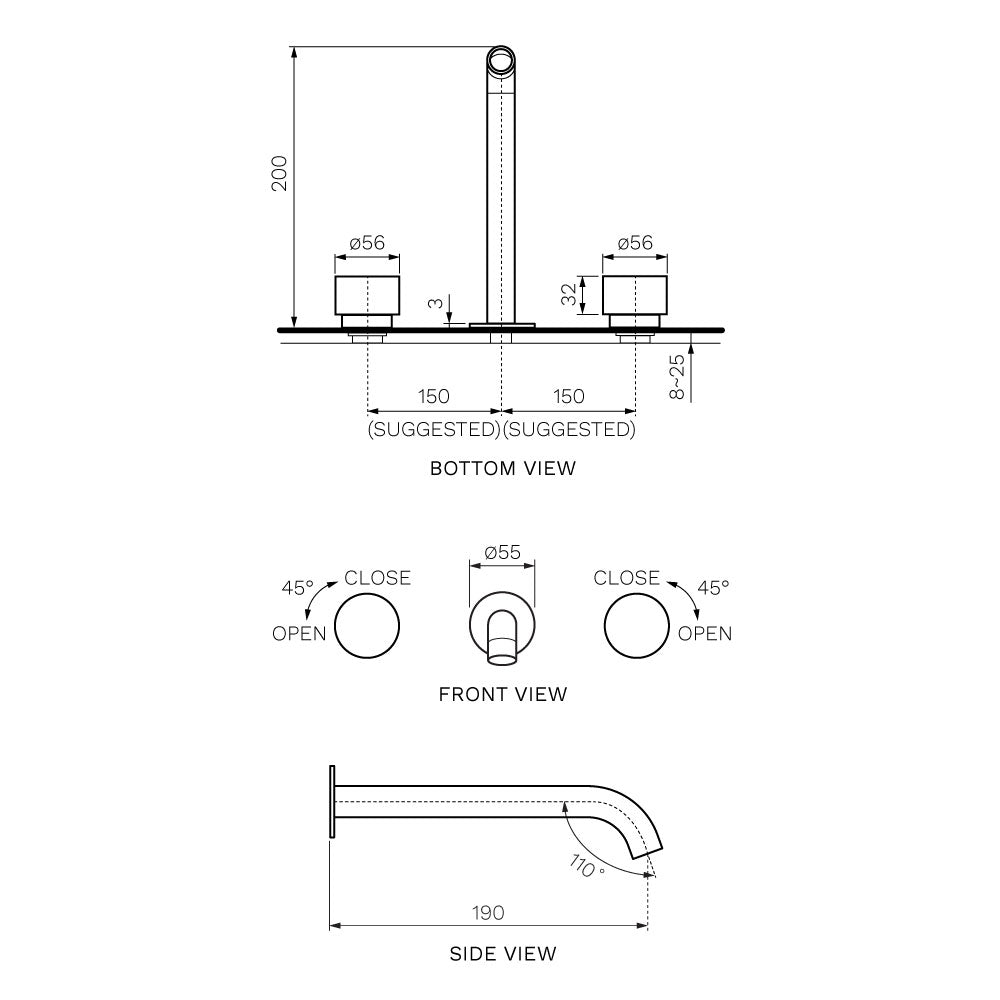 Stereo Wall Set with 190mm Spout - Bathroom Tapware