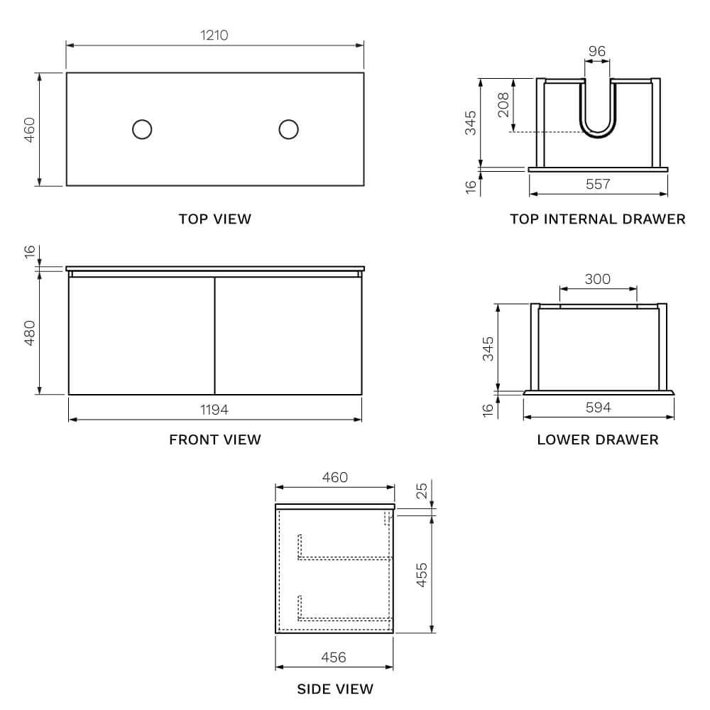 Forty Five 1200 Wall Cabinet with Double Crystal Top - Vanity Cabinets