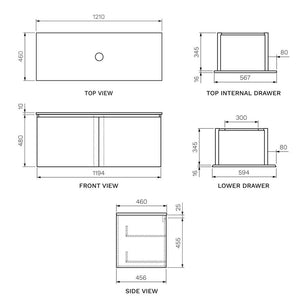 Forty Five 1200 Wall Cabinet with Jazz Bianco Marble Top O'gee Edge - Vanity Cabinets