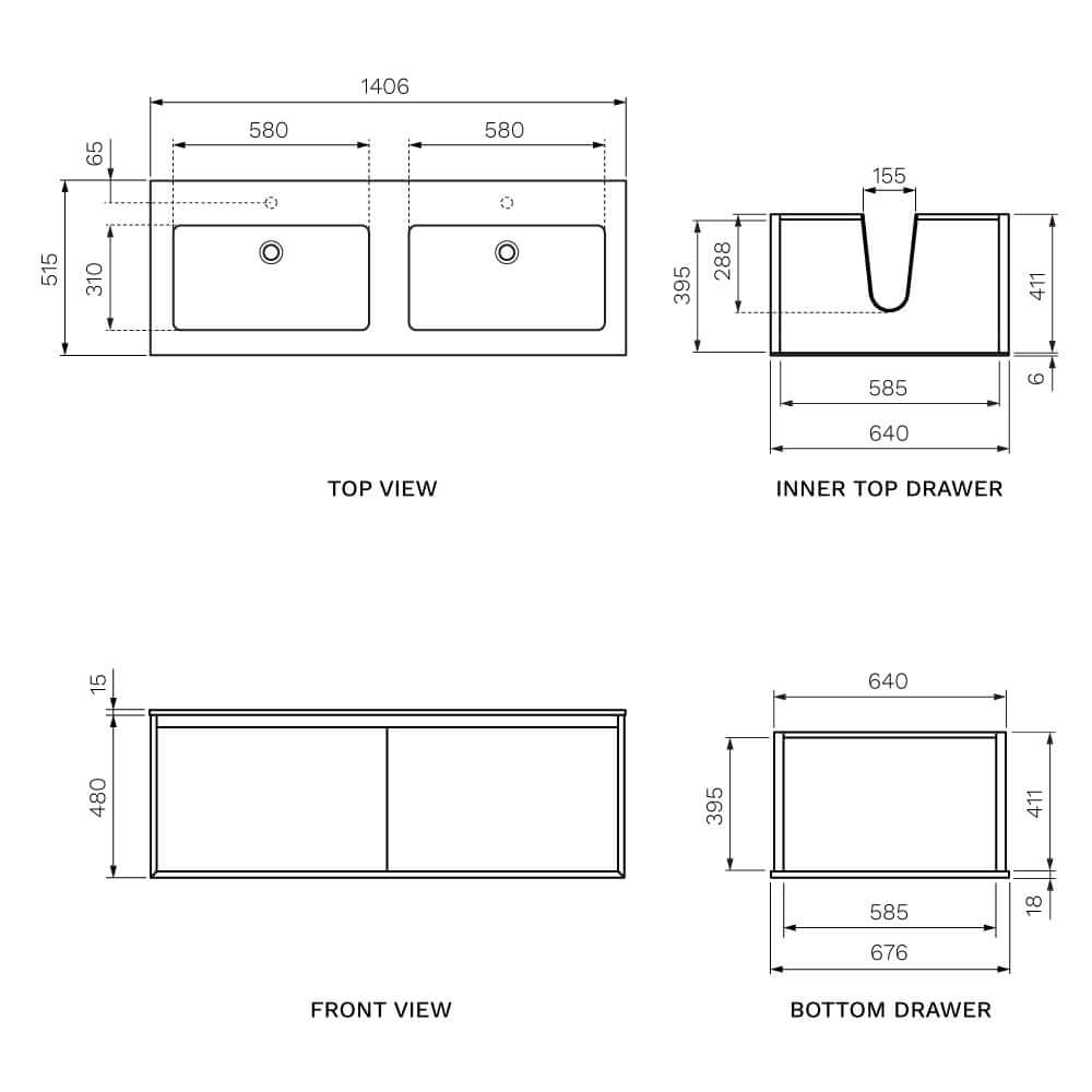 IKS 1400 Wall Cabinet Matt White with Double Mineralmarmo Top - Vanity Cabinets