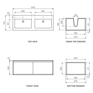 IKS 1400 Wall Cabinet Matt White with Double Mineralmarmo Top - Vanity Cabinets