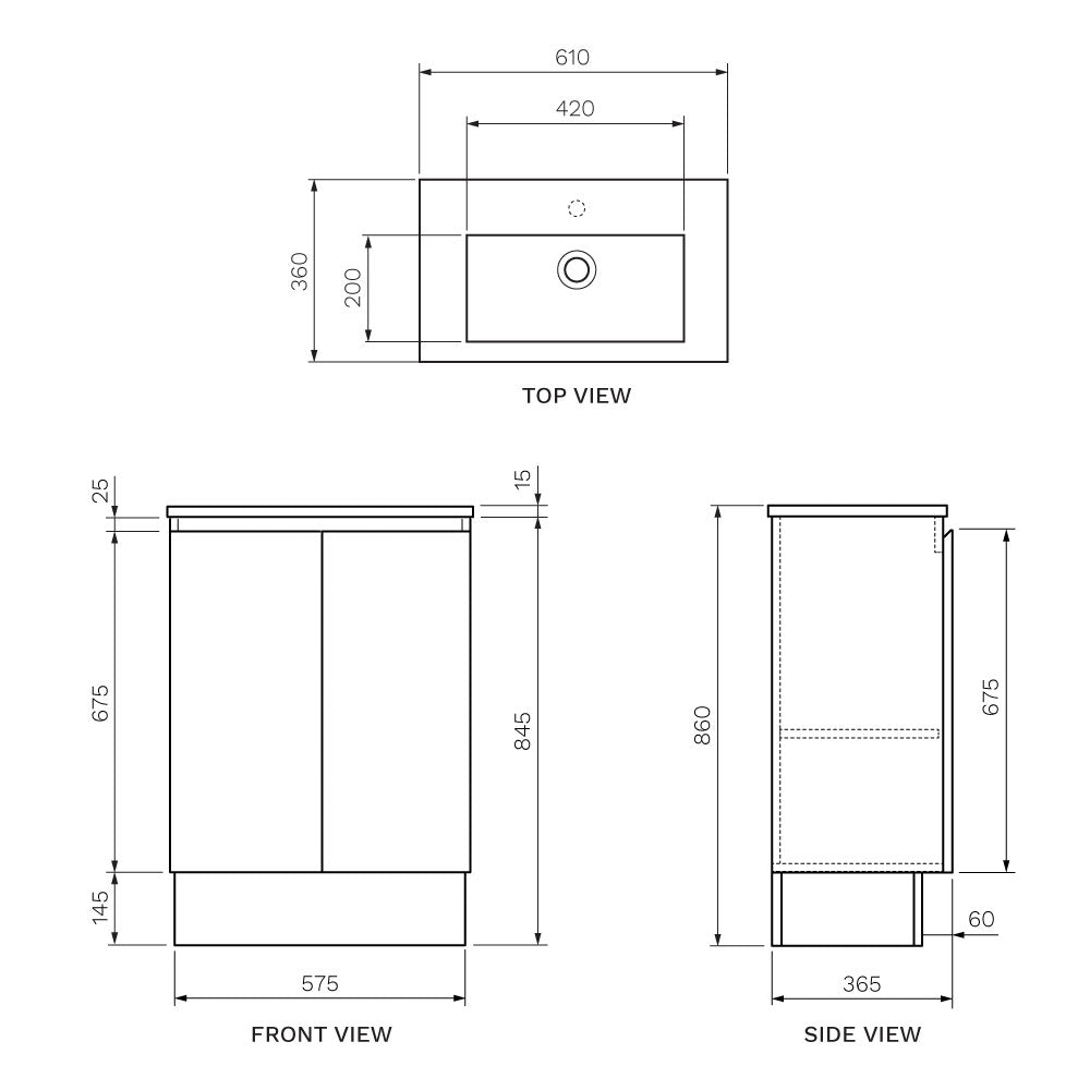 Pure Bianco Slim 600 Floor Cabinet 2 Door with Ceramic Top - Vanity Cabinets