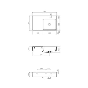 Quasar 750mm Wall Mounted Basin with Left Hand Shelf (Right Bowl) - Basins