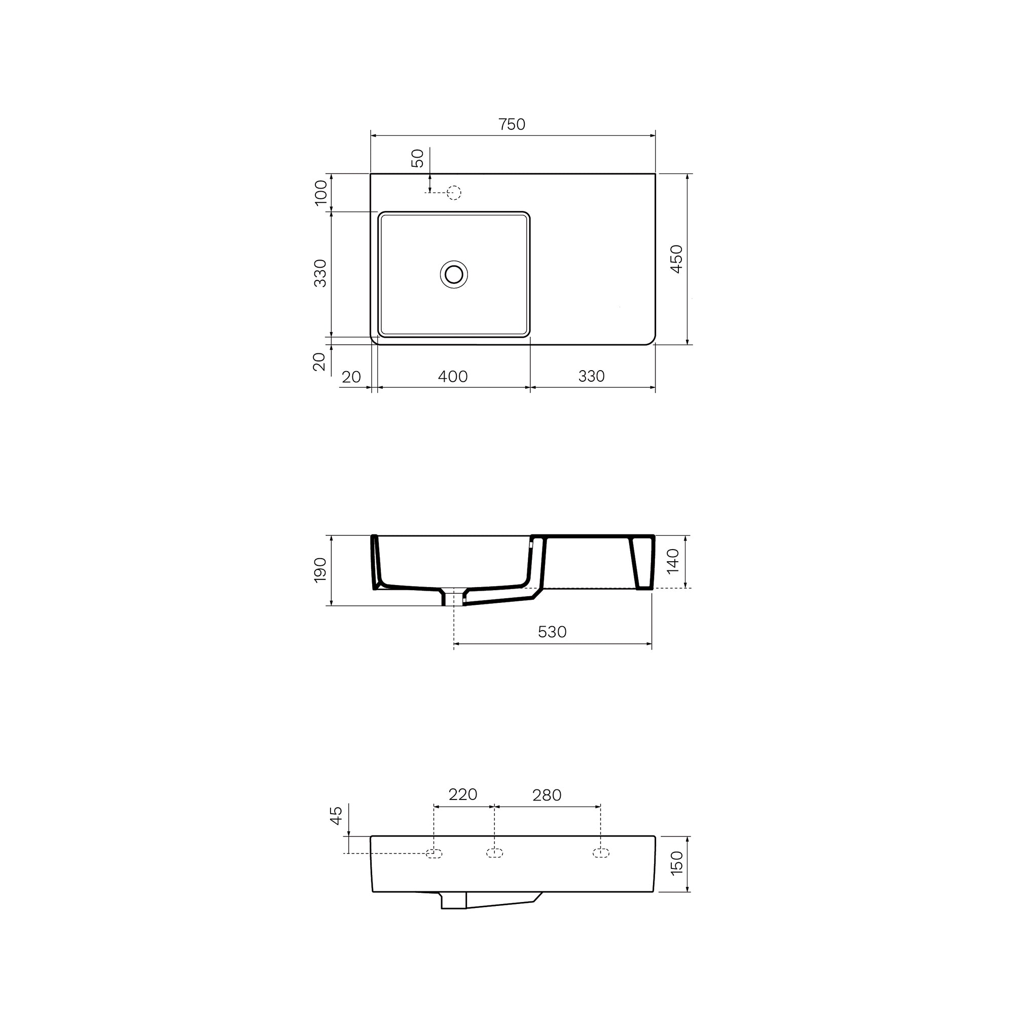 Quasar 750mm Wall Mounted Basin with Right Hand Shelf (Left Bowl) - Basins