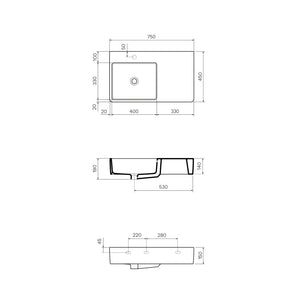 Quasar 750mm Wall Mounted Basin with Right Hand Shelf (Left Bowl) - Basins