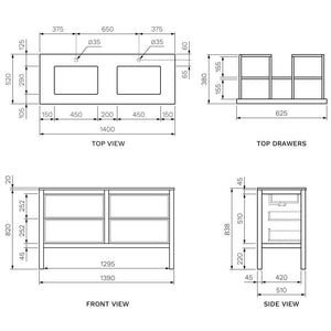 Arrivo Venti 1400 Floor Cabinet Noce Oak with Engineered Stone Double Undermount Basin Top - Vanity Cabinets